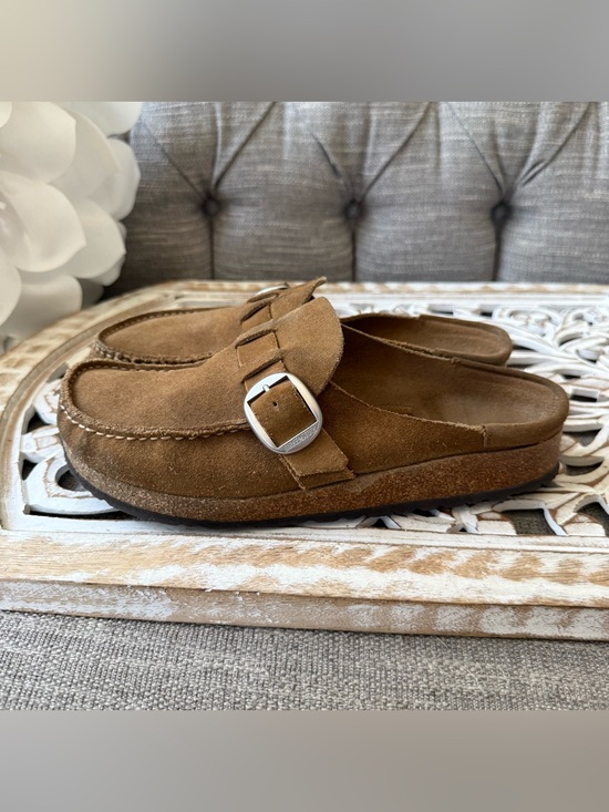 Birkenstock Shoes - Birkenstock Brown Suede Leather Slip-On Mule Silver Buckle 11 42